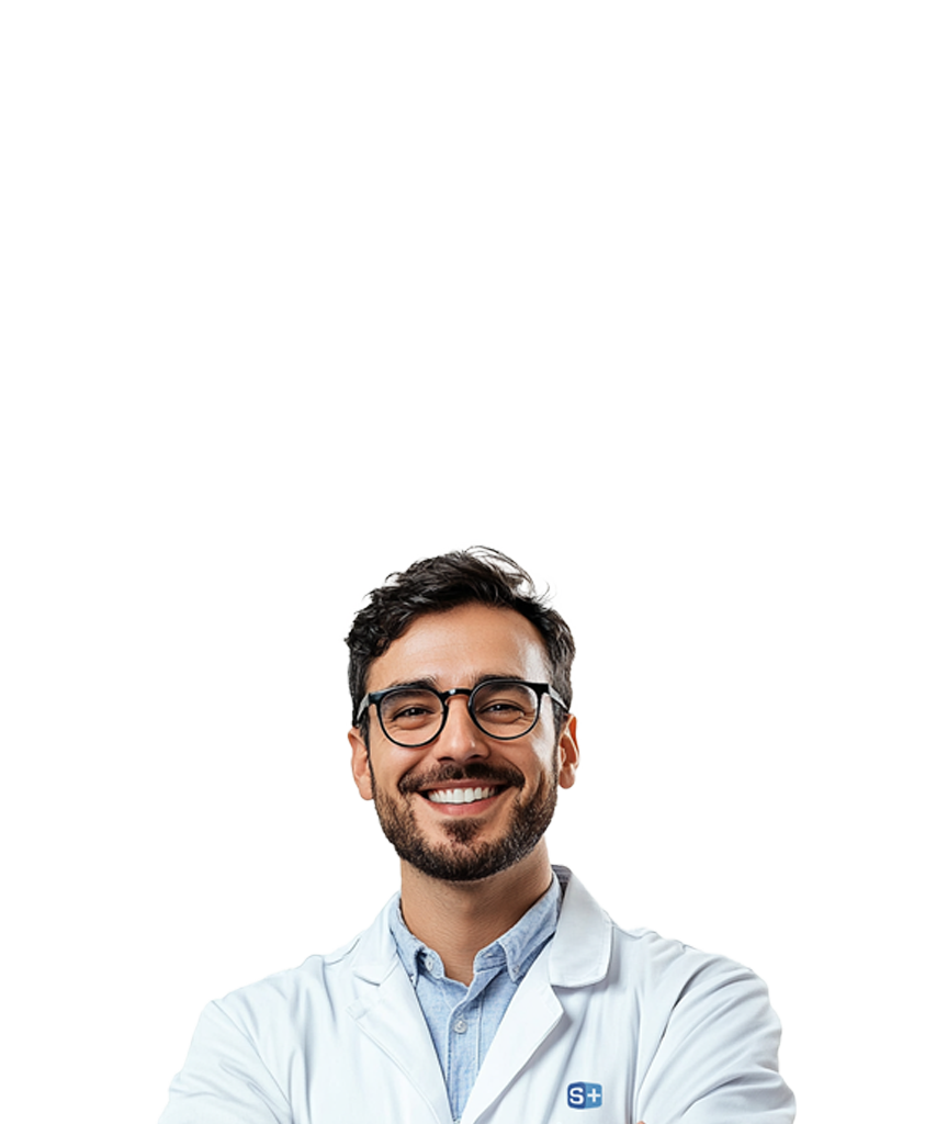 A smiling man in a lab coat stands confidently, representing Simulations Plus QSP and PBPK expertise.