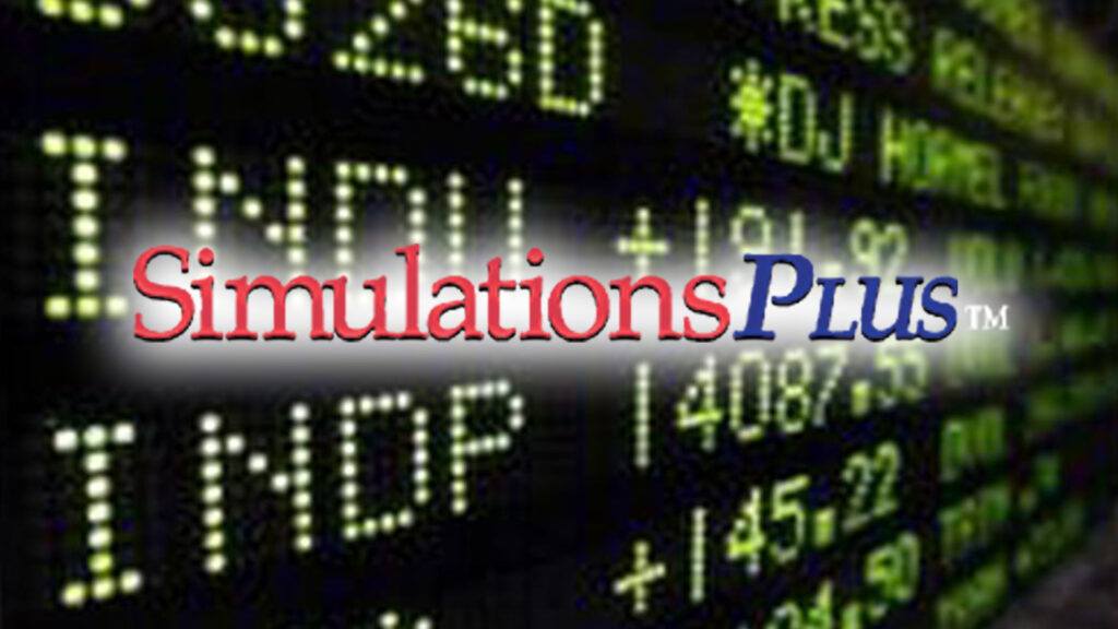 The Simulations Plus NASDAQ-listed logo stands out on a stock board with market data streaming.