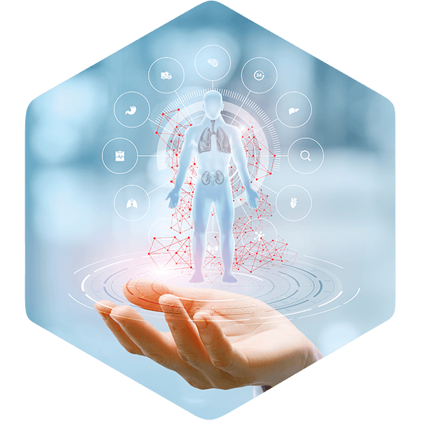 A digital illustration of a human figure, with DILIsym and drug development icons, shows innovation.
