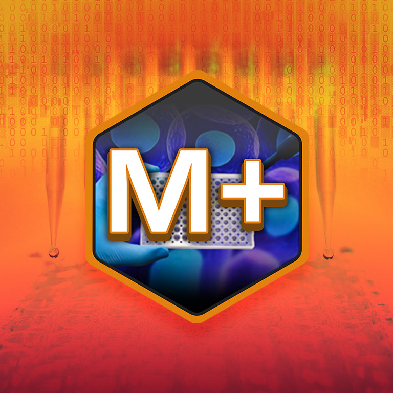 The M+ icon and lab scene highlight DILIsym and GastroPlus innovations in caco-2 cell research.