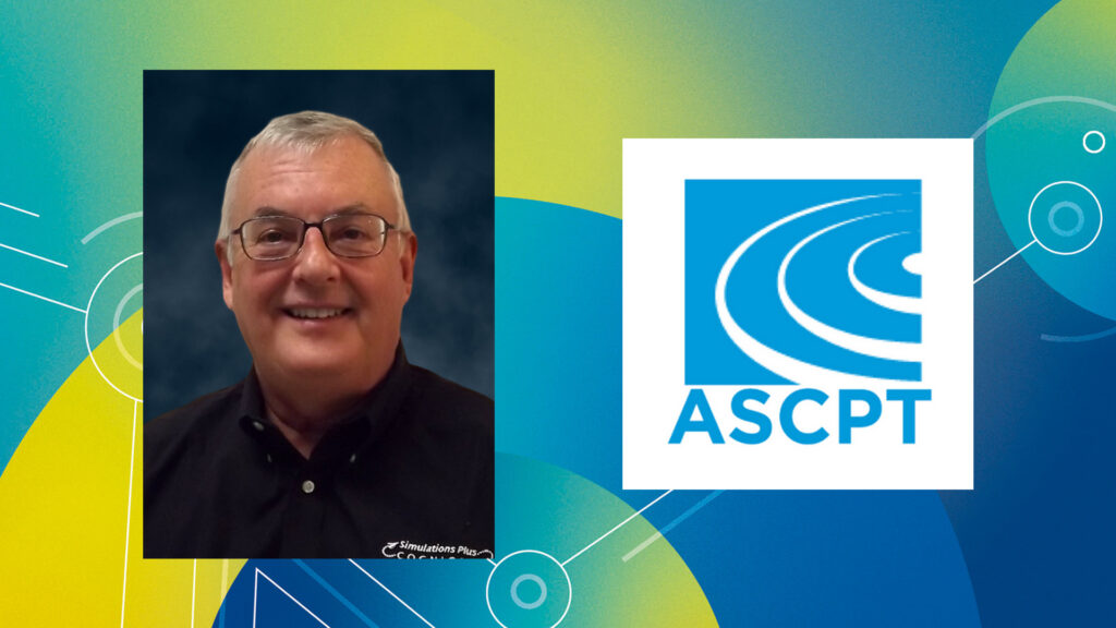 A man in black with ASCPT logo celebrates Ted Grasela's Simulations Plus milestone.