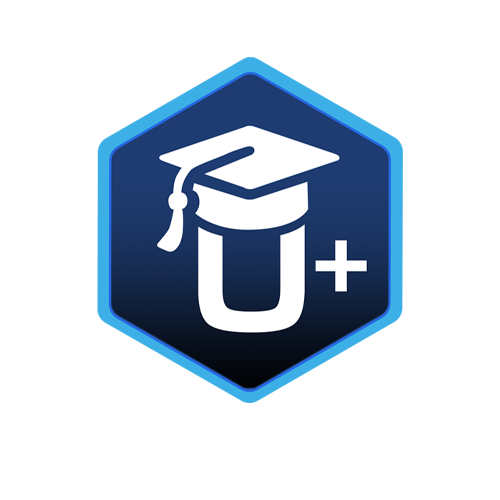 A blue-bordered hex icon with a cap, "U+," evokes Simulations Plus' educational insight.