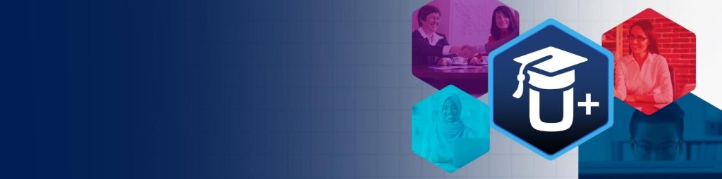 A hexagonal graphic with a "U+" icon and images of diverse professionals on a blue-gray backdrop.
