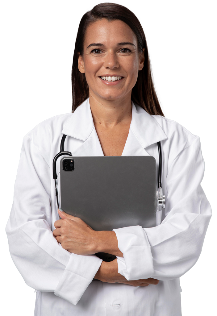 A woman with a tablet and stethoscope smiles, showcasing Simulations Plus software solutions.